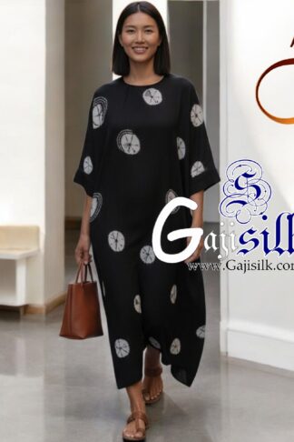 Black Big Bandhani Bandhej Kaftan Gaji Silk
