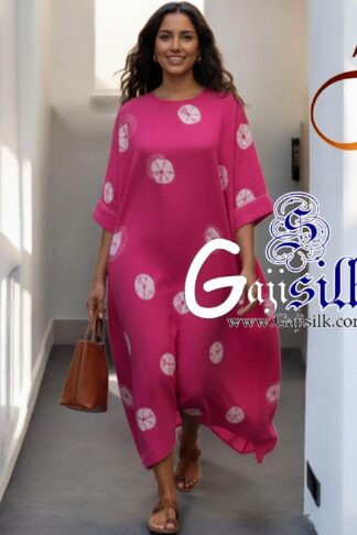 Pink Big Bandhani Bandhej Kaftan Gaji Silk