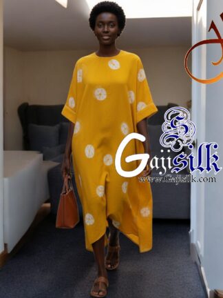 Yellow Big Bandhani Bandhej Kaftan Gaji Silk