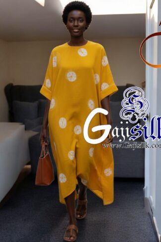 Yellow Big Bandhani Bandhej Kaftan Gaji Silk
