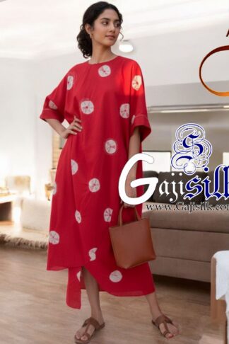 Red Big Bandhani Bandhej Kaftan Gaji Silk