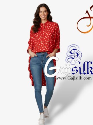 Red Bandhej Up and Down Oversized Women's Shirt
