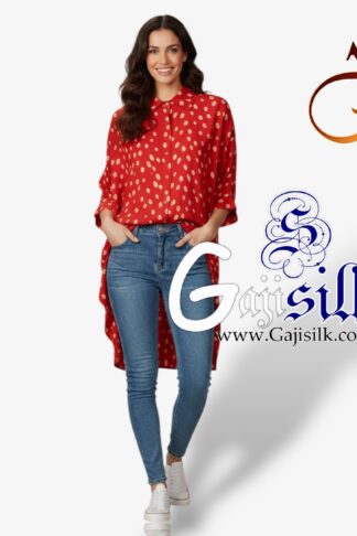 Red Bandhej Up and Down Oversized Women's Shirt