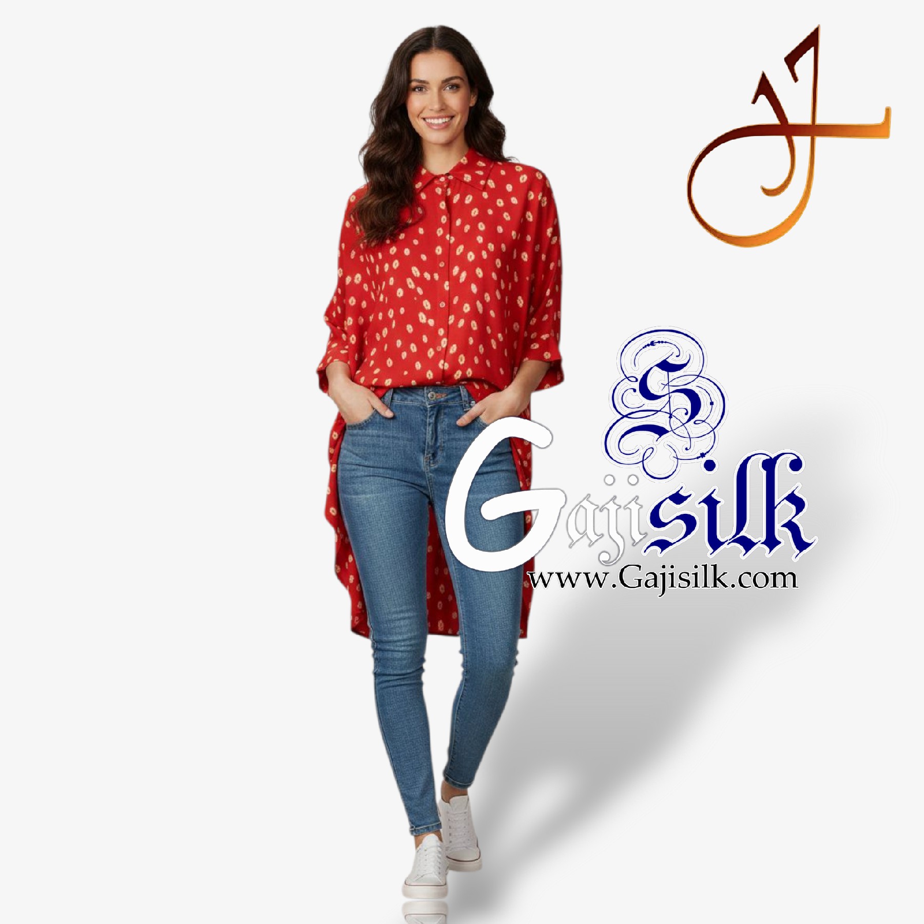 Red Bandhej Up and Down Oversized Women's Shirt
