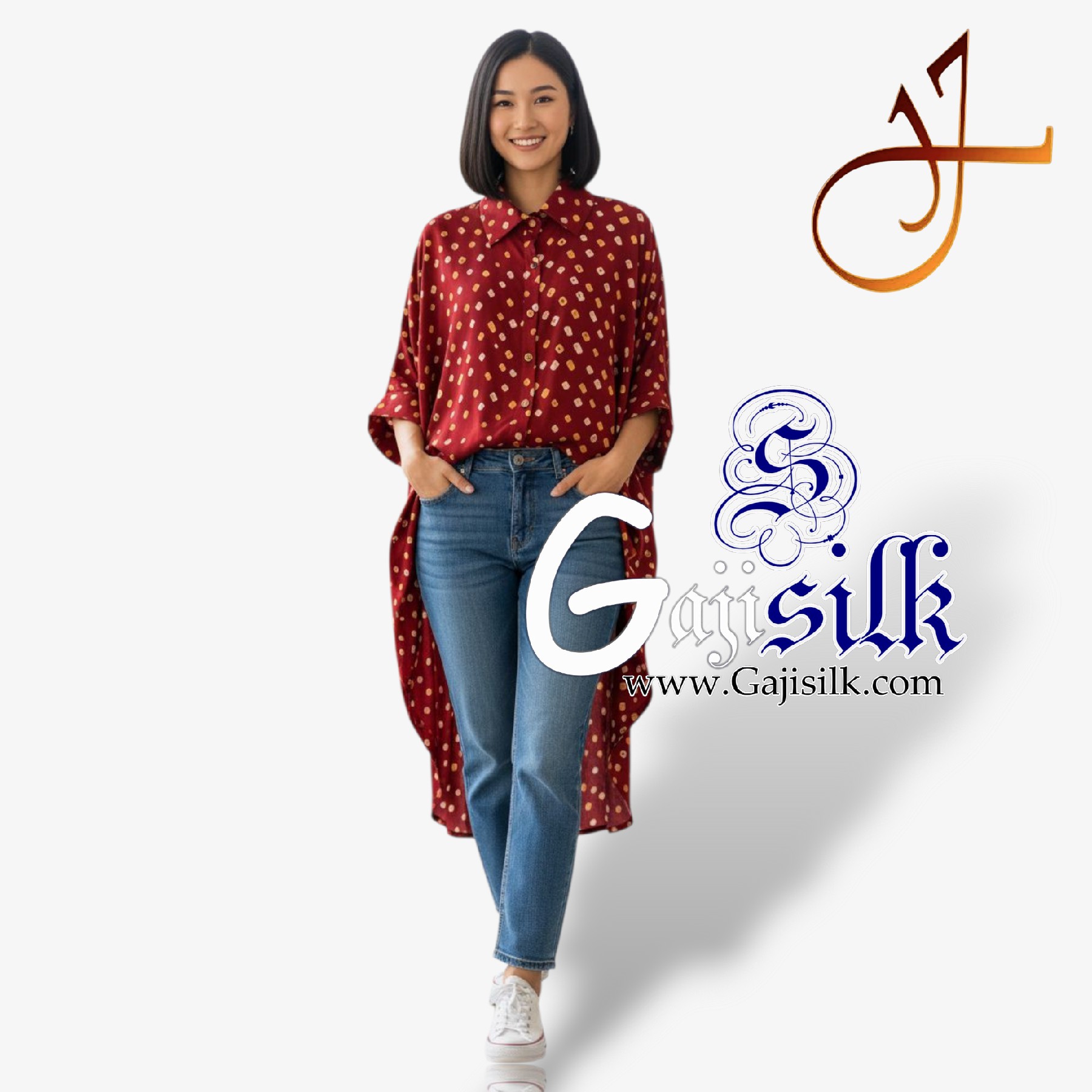 Blood Red Bandhej Up and Down Oversized Women's Shirt