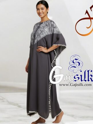 Grey Neck Shibori Kaftan Gaji Silk