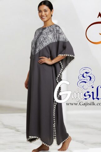 Grey Neck Shibori Kaftan Gaji Silk