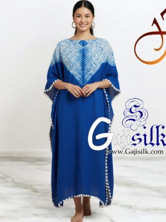 Blue Neck Shibori Kaftan Gaji Silk
