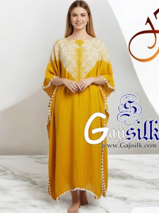 Yellow Neck Shibori Kaftan Gaji Silk