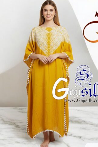 Yellow Neck Shibori Kaftan Gaji Silk