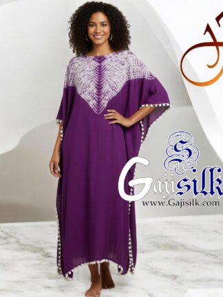Magenta Neck Shibori Kaftan Gaji Silk