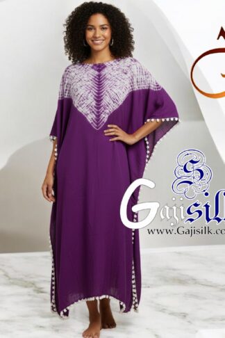 Magenta Neck Shibori Kaftan Gaji Silk
