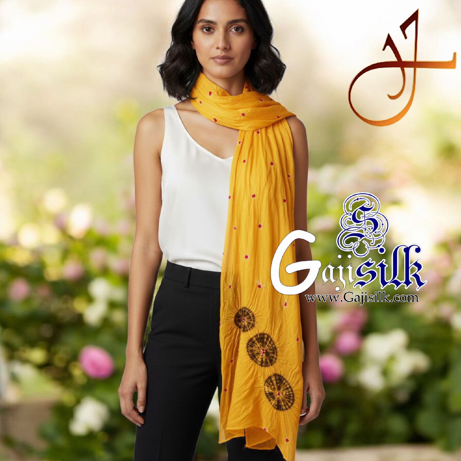 Yellow Gaji Silk Shibori Bandhani Stole