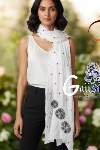 White Gaji Silk Shibori Bandhani Stole