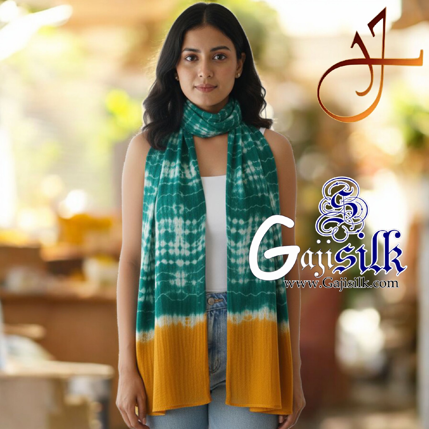 Green Yellow Gaji Silk Clamp Dyed Shibori Stole