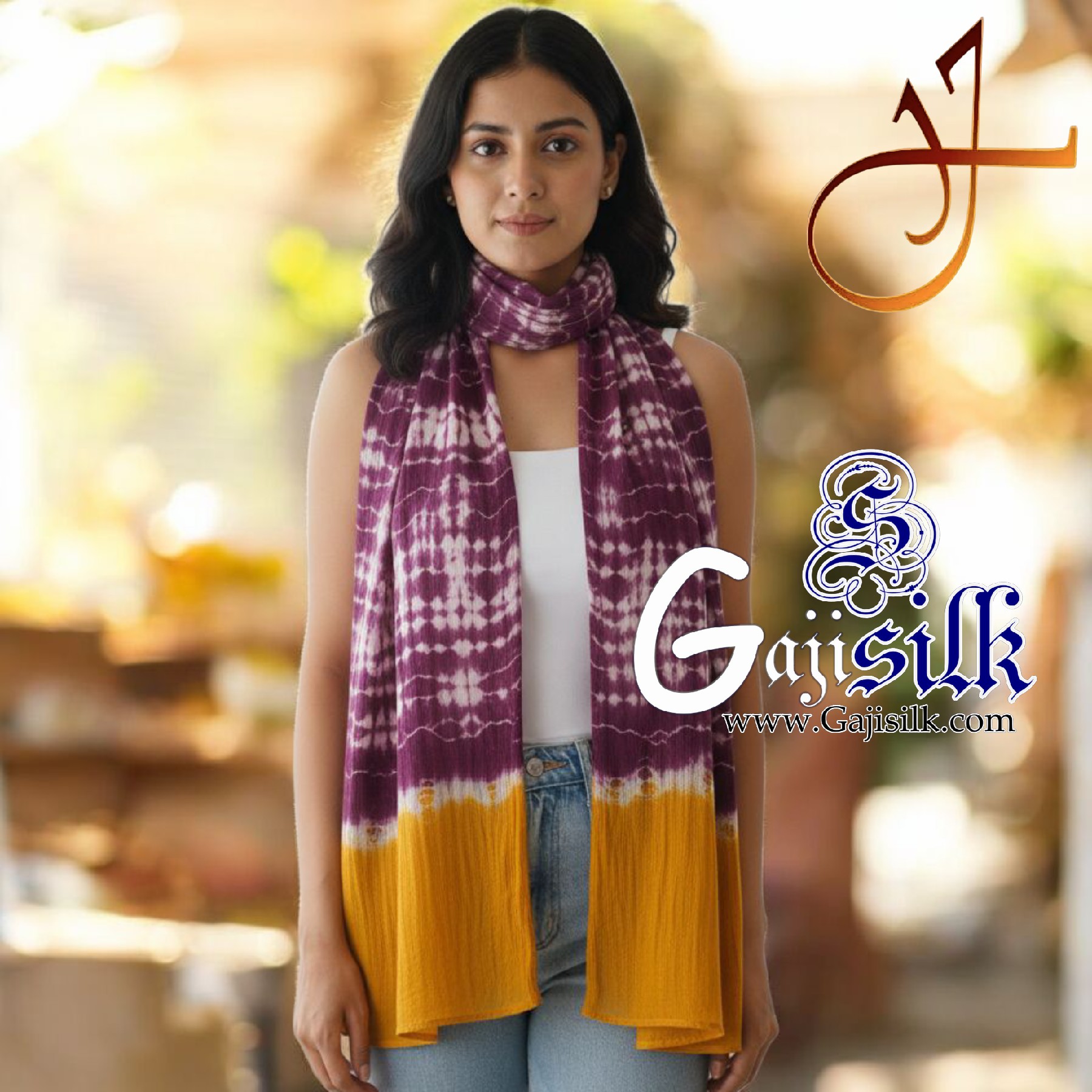 Magenta Yellow Gaji Silk Clamp Dyed Shibori Stole