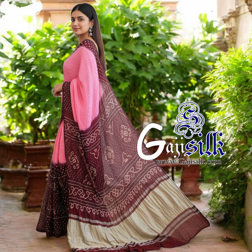 Pink Dark Marron Rai Bandhani Saree Pure Gaji Silk - Image 2