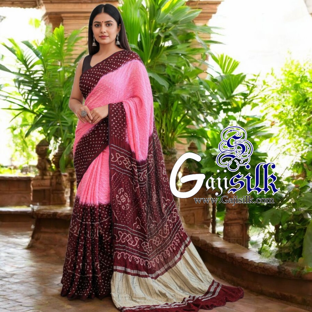 Pink Dark Marron Rai Bandhani Saree Pure Gaji Silk