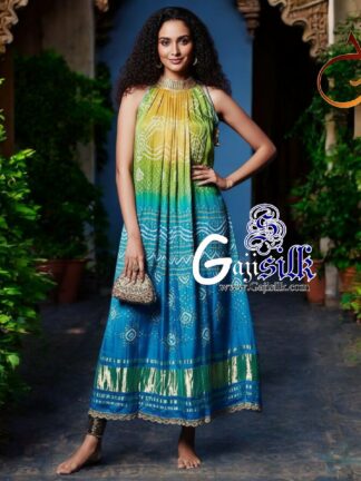 Parrot Sky Ombre Bandhani Kaftan Kurti Fusion Pure GajiSilk