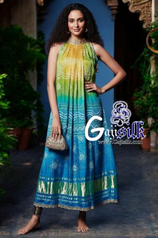 Parrot Sky Ombre Bandhani Kaftan Kurti Fusion Pure GajiSilk