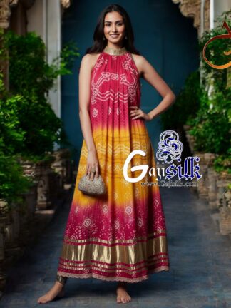 Rani Mango Ombre Bandhani Kaftan Kurti Fusion Pure GajiSilk
