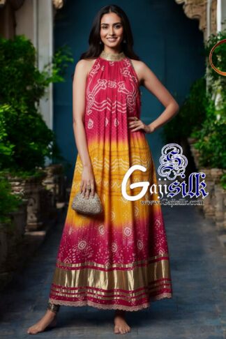 Rani Mango Ombre Bandhani Kaftan Kurti Fusion Pure GajiSilk