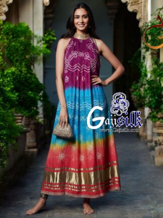 Magenta Sky Ombre Bandhani Kaftan Kurti Fusion Pure GajiSilk