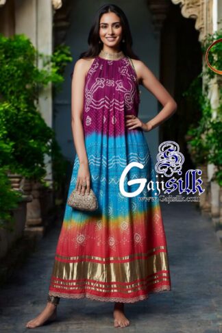 Magenta Sky Ombre Bandhani Kaftan Kurti Fusion Pure GajiSilk
