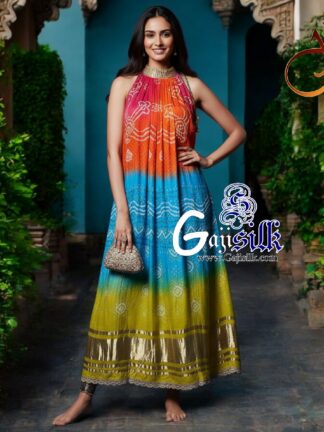 Orange Sky Ombre Bandhani Kaftan Kurti Fusion Pure GajiSilk