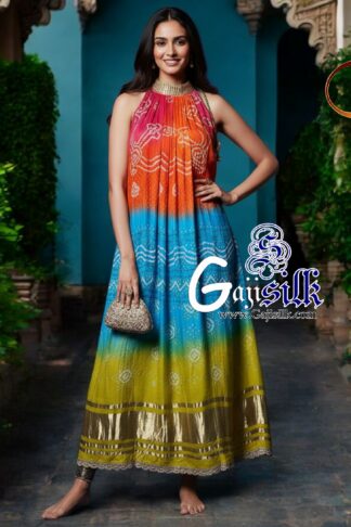 Orange Sky Ombre Bandhani Kaftan Kurti Fusion Pure GajiSilk