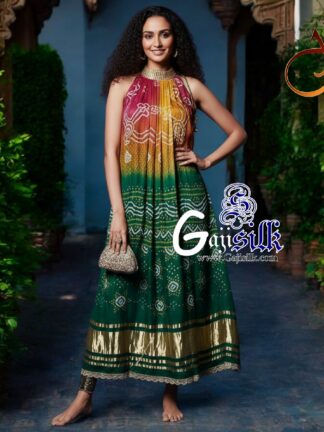 Rust Green Ombre Bandhani Kaftan Kurti Fusion Pure GajiSilk