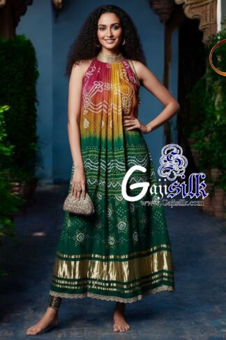 Rust Green Ombre Bandhani Kaftan Kurti Fusion Pure GajiSilk