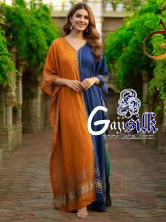 Golden Blue Bandhani Designer Kaftan Pure Gaji Silk Hathi Boder