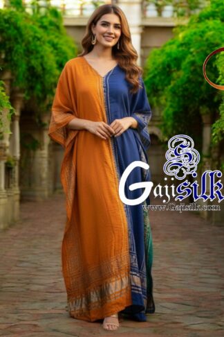 Golden Blue Bandhani Designer Kaftan Pure Gaji Silk Hathi Boder