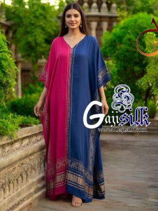 Rani Blue Bandhani Designer Kaftan Pure Gaji Silk Hathi Boder