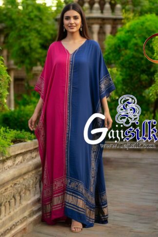 Rani Blue Bandhani Designer Kaftan Pure Gaji Silk Hathi Boder