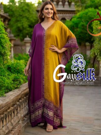 Magenta Yellow Bandhani Designer Kaftan Pure Gaji Silk Hathi Boder