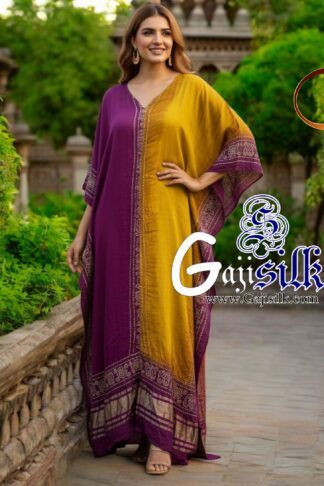 Magenta Yellow Bandhani Designer Kaftan Pure Gaji Silk Hathi Boder