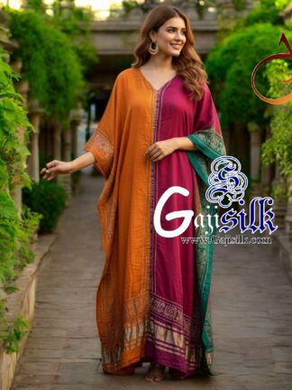 Orange Cherry Bandhani Designer Kaftan Pure Gaji Silk Hathi Boder