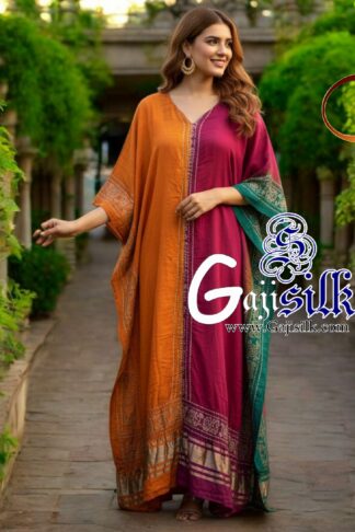 Orange Cherry Bandhani Designer Kaftan Pure Gaji Silk Hathi Boder
