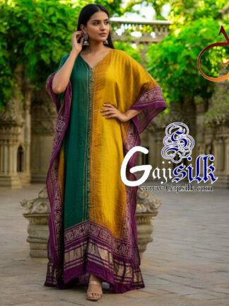 Magenta Bandhani Designer Kaftan Pure Gaji Silk Hathi Boder