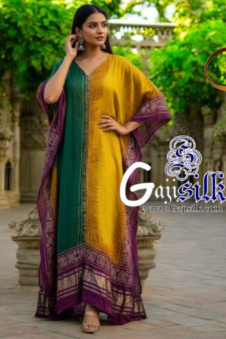 Magenta Bandhani Designer Kaftan Pure Gaji Silk Hathi Boder