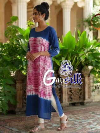 Blue Pink Front Shibori Designer Kurti Gaji Silk