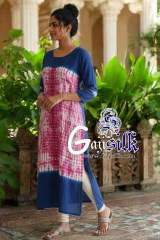 Blue Pink Front Shibori Designer Kurti Gaji Silk