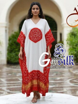 Red White Bandhani Panetar Kaftan Gaji Silk