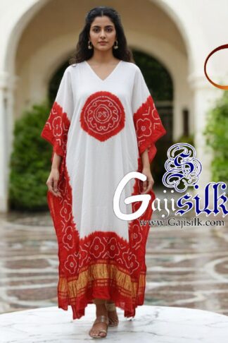Red White Bandhani Panetar Kaftan Gaji Silk