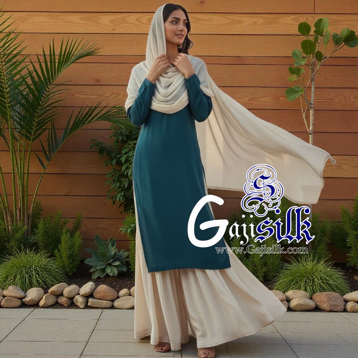 Teal Blue White Plain Sharara Gaji Silk - Image 2