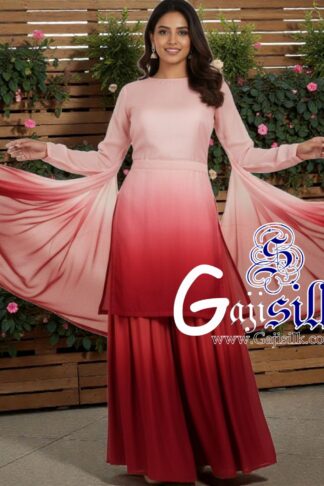 Cream Red Ombre Plain Sharara Gaji Silk