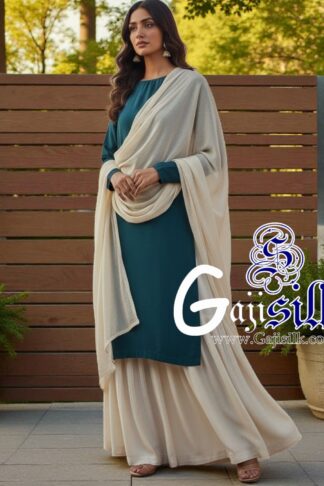 Teal Blue White Plain Sharara Gaji Silk