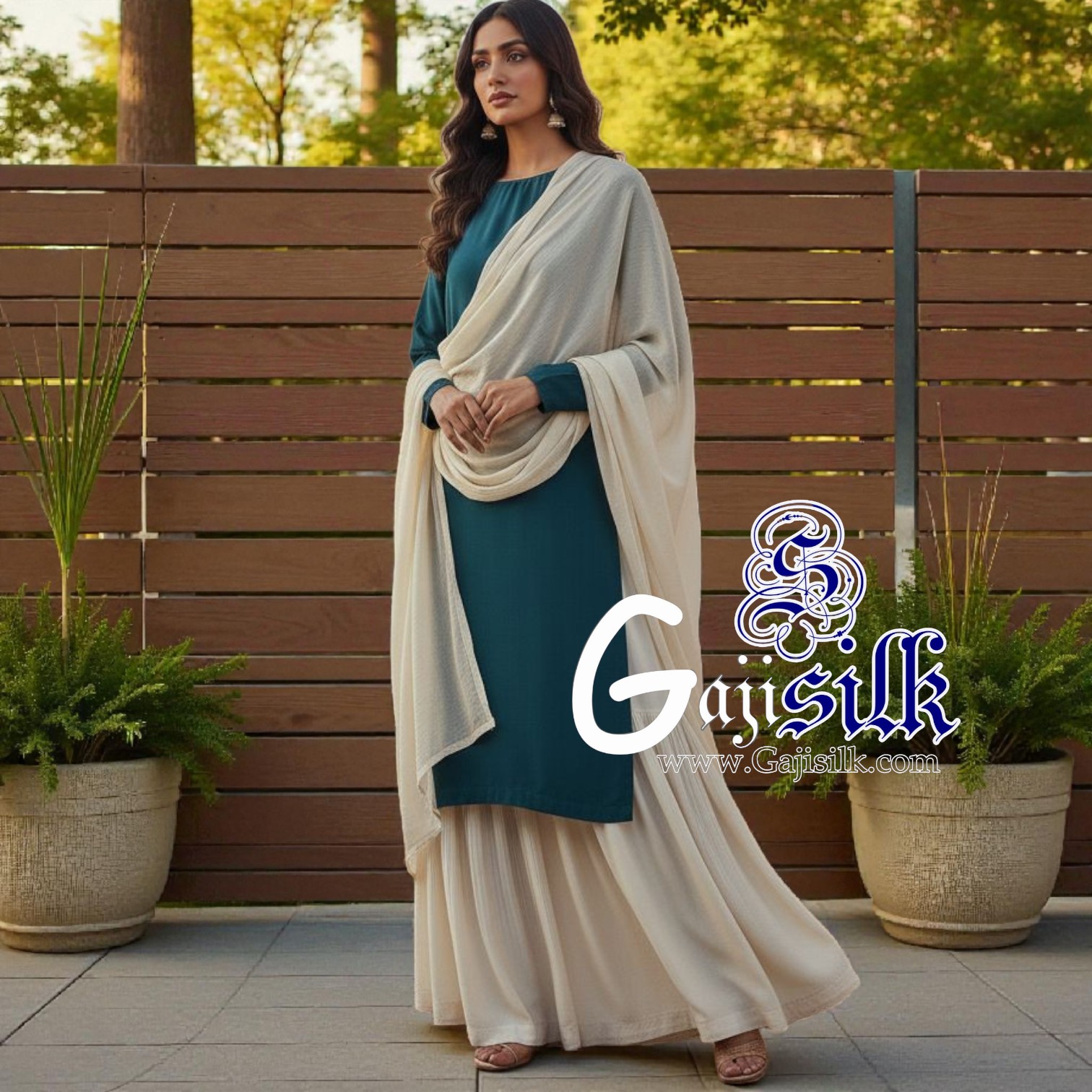 Teal Blue White Plain Sharara Gaji Silk